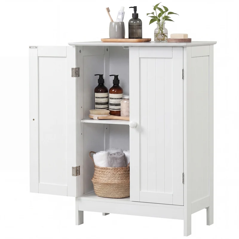 Bathroom Floor Storage Cabinet, Double Door, White