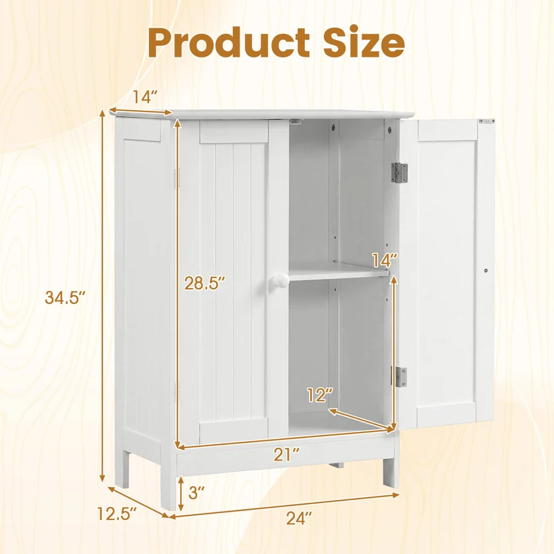 Bathroom Floor Storage Cabinet, Double Door, White