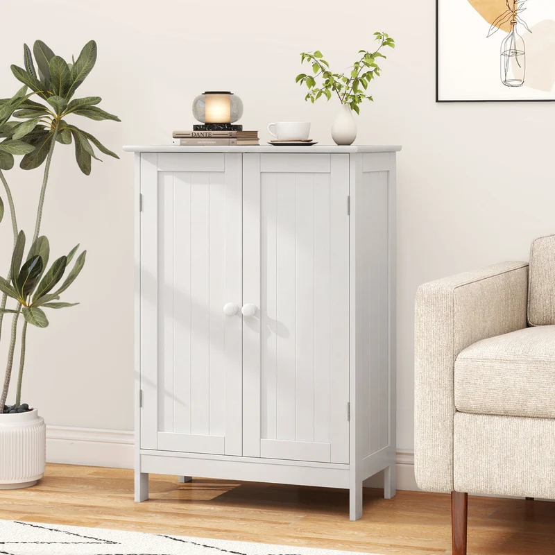 Bathroom Floor Storage Cabinet, Double Door, White