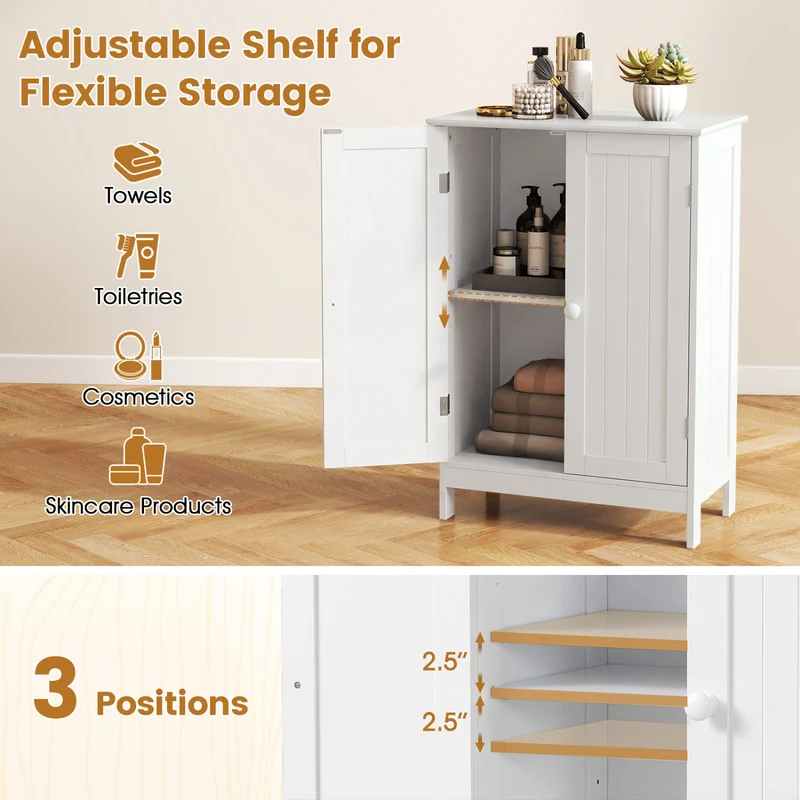 Bathroom Floor Storage Cabinet, Double Door, White