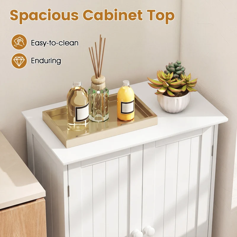 Bathroom Floor Storage Cabinet, Double Door, White