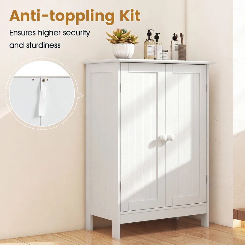Bathroom Floor Storage Cabinet, Double Door, White