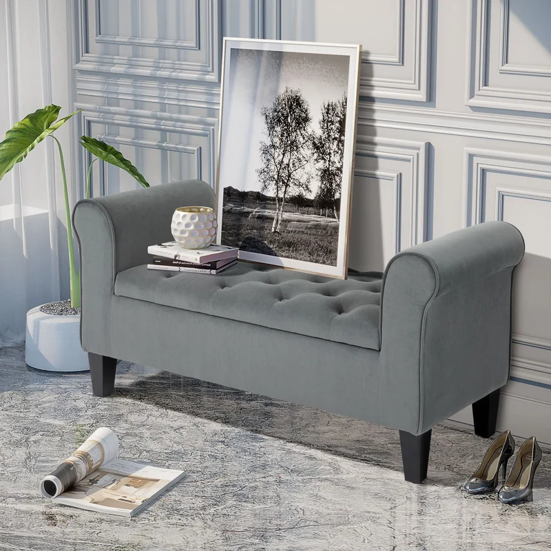 Button Tufted Storage Ottoman Bench, 70 Inches, Grey