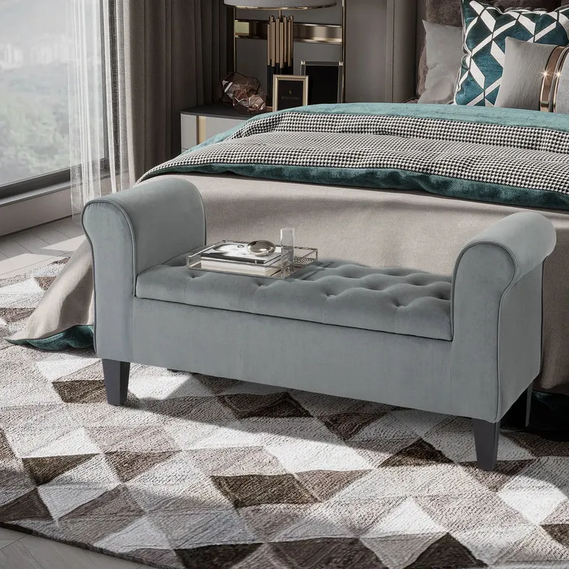 Button Tufted Storage Ottoman Bench, 70 Inches, Grey