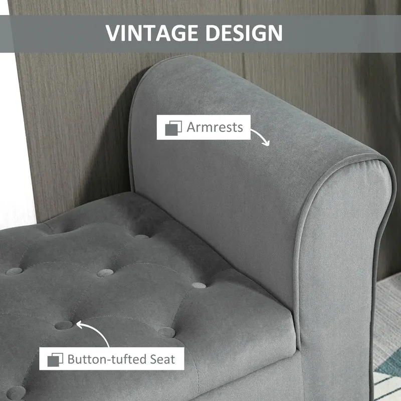 Button Tufted Storage Ottoman Bench, 70 Inches, Grey