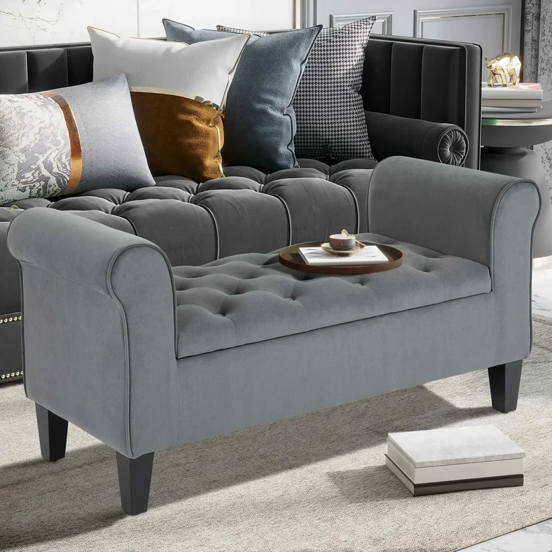 Button Tufted Storage Ottoman Bench, 70 Inches, Grey