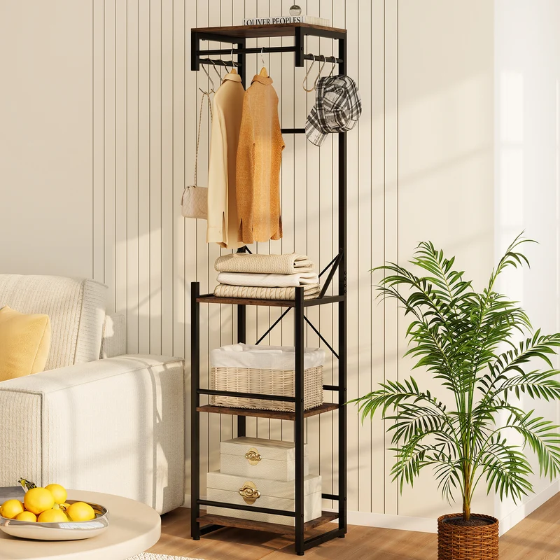 Freestanding Coat Rack, 4 Storage Shelves, 6 Hooks, Brown