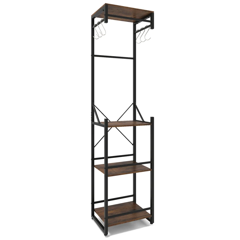 Freestanding Coat Rack, 4 Storage Shelves, 6 Hooks, Brown