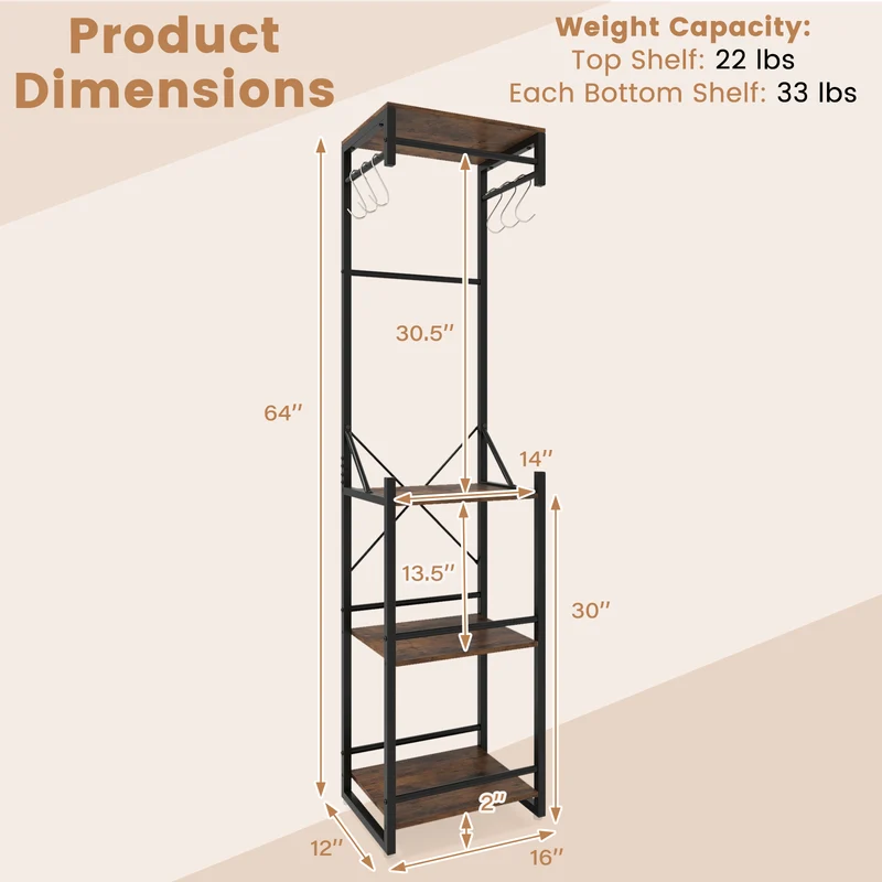 Freestanding Coat Rack, 4 Storage Shelves, 6 Hooks, Brown