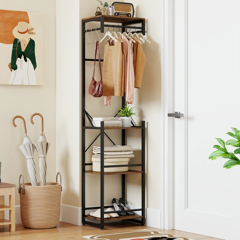 Freestanding Coat Rack, 4 Storage Shelves, 6 Hooks, Brown