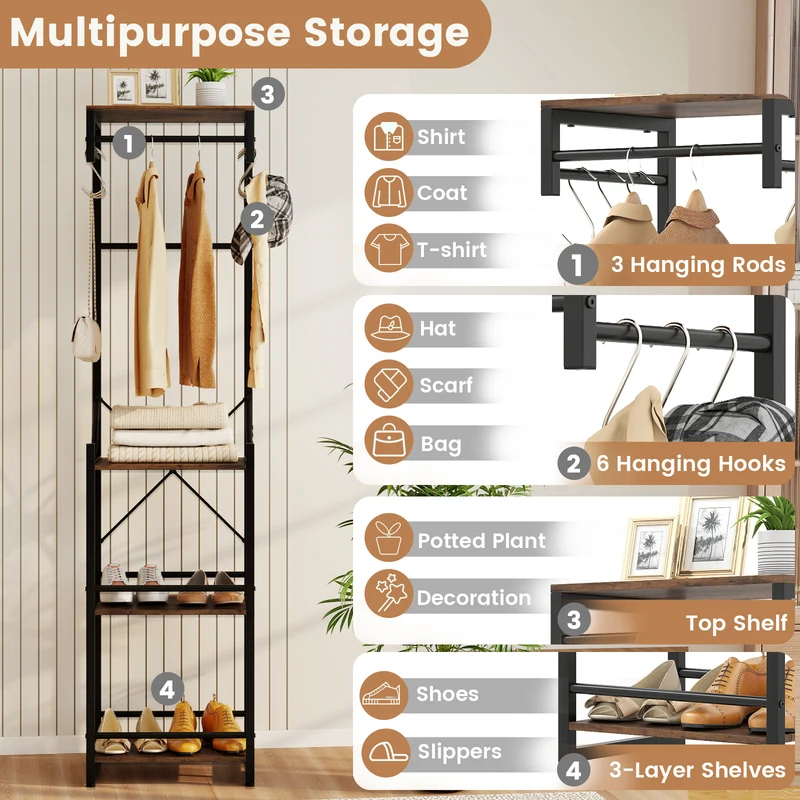 Freestanding Coat Rack, 4 Storage Shelves, 6 Hooks, Brown