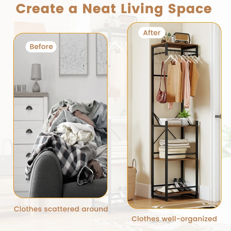 Freestanding Coat Rack, 4 Storage Shelves, 6 Hooks, Brown
