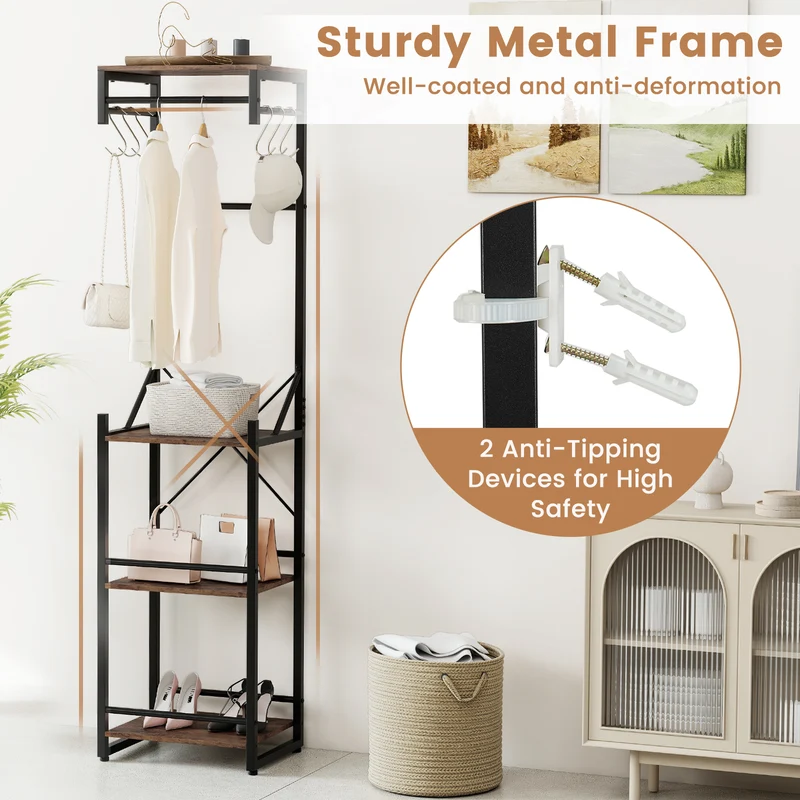 Freestanding Coat Rack, 4 Storage Shelves, 6 Hooks, Brown