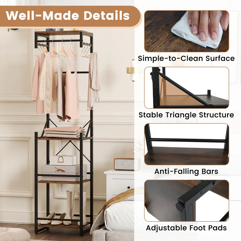 Freestanding Coat Rack, 4 Storage Shelves, 6 Hooks, Brown