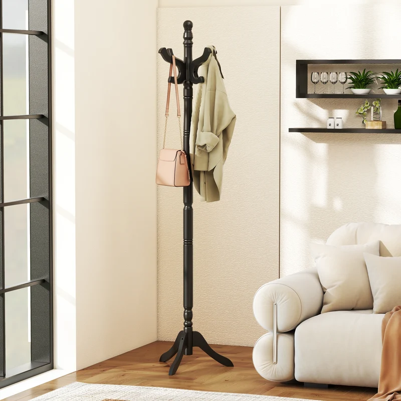 Solid Wood Hall Tree, 11 Hooks, 3 Height Options, Black