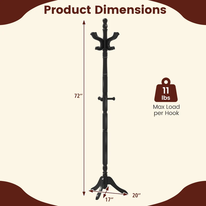 Solid Wood Hall Tree, 11 Hooks, 3 Height Options, Black