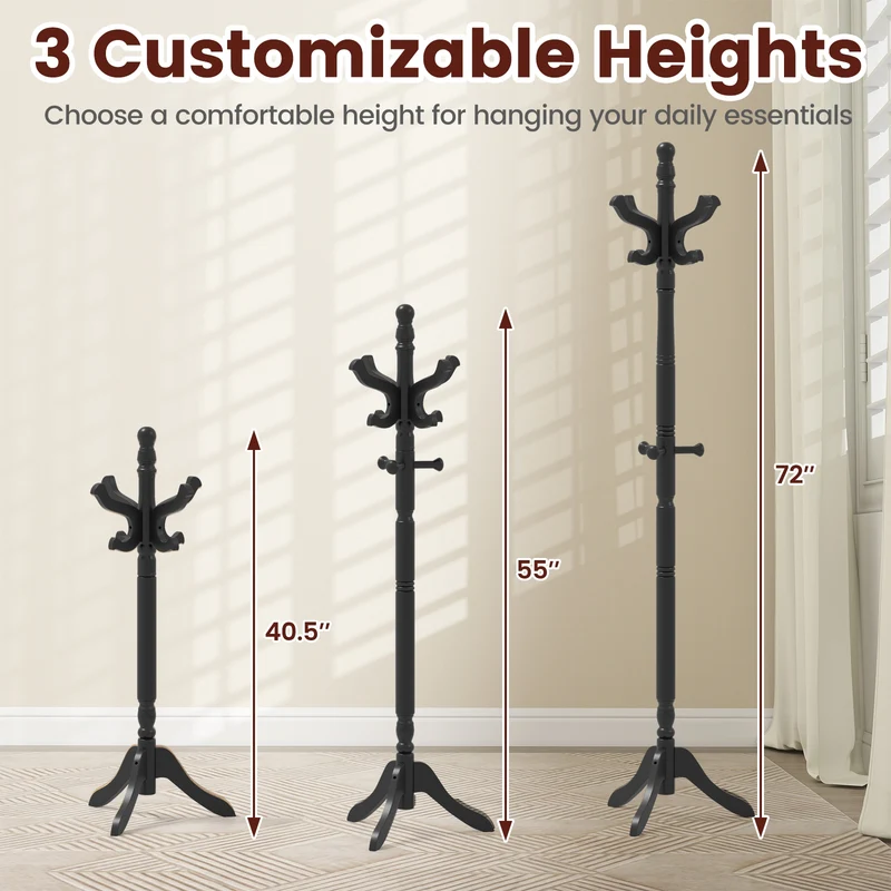 Solid Wood Hall Tree, 11 Hooks, 3 Height Options, Black