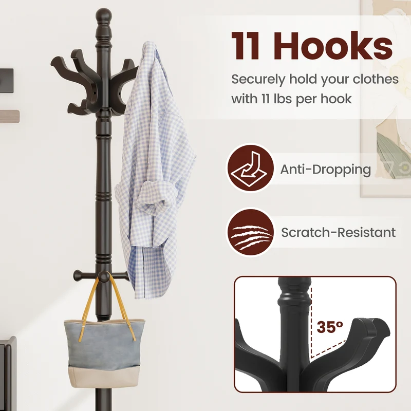 Solid Wood Hall Tree, 11 Hooks, 3 Height Options, Black