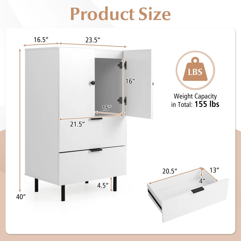 Sideboard Buffet Cabinet, 2-Door, White
