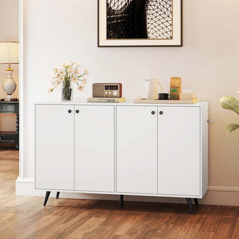 Mid Century Modern Buffet Sideboard, Adjustable Shelves, White
