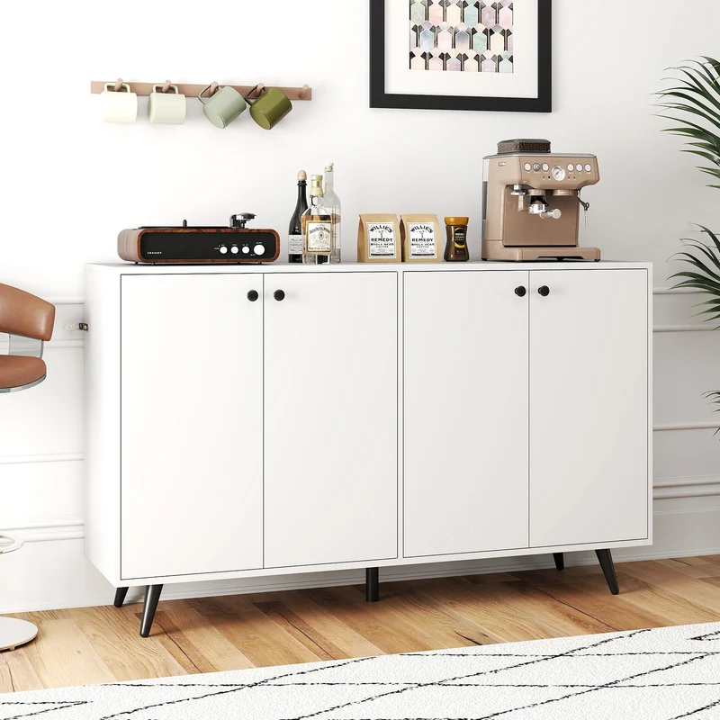 Mid Century Modern Buffet Sideboard, Adjustable Shelves, White