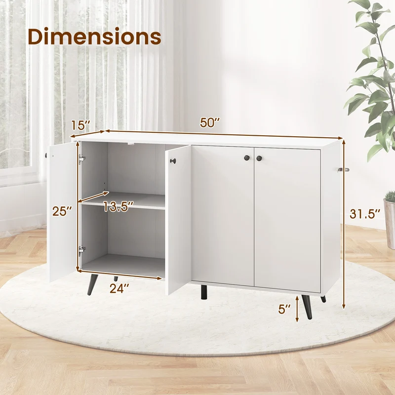 Mid Century Modern Buffet Sideboard, Adjustable Shelves, White
