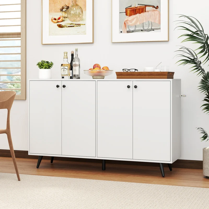Mid Century Modern Buffet Sideboard, Adjustable Shelves, White