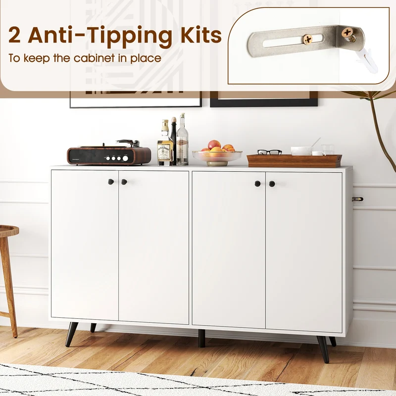 Mid Century Modern Buffet Sideboard, Adjustable Shelves, White