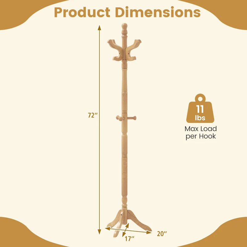 Solid Wood Hall Tree, 11 Hooks, 3 Height Options, Natural
