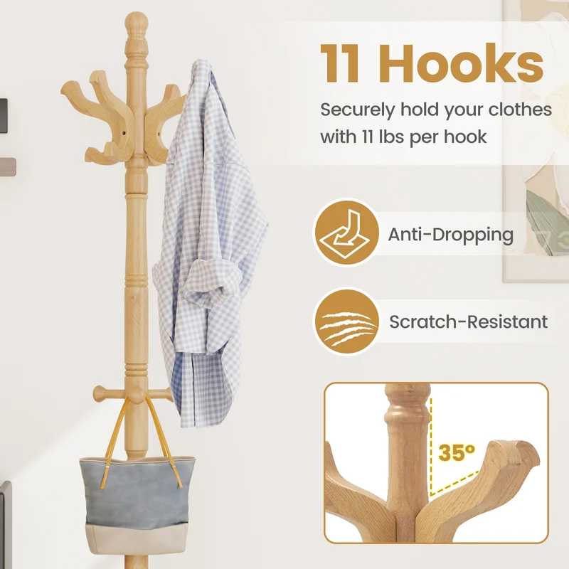 Solid Wood Hall Tree, 11 Hooks, 3 Height Options, Natural