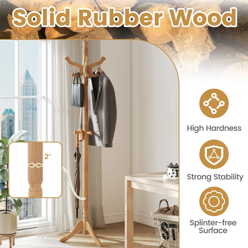 Solid Wood Hall Tree, 11 Hooks, 3 Height Options, Natural