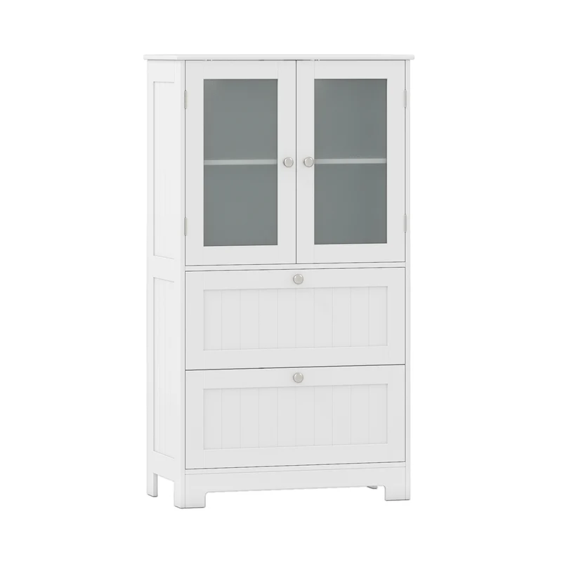 Bathroom Floor Storage Cabinet, 2 Drawers 2 Frosted Glass Doors, White
