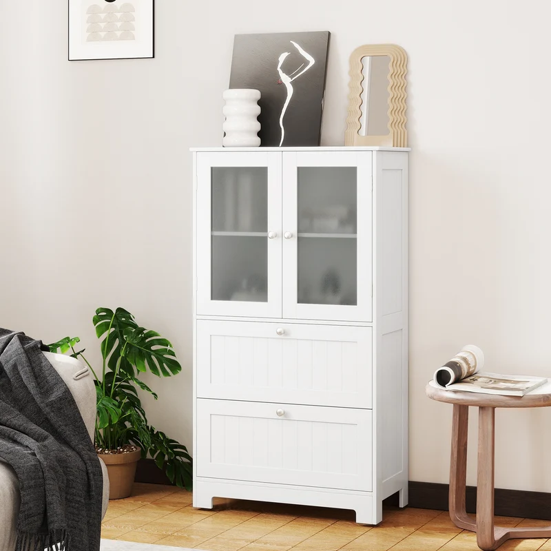 Bathroom Floor Storage Cabinet, 2 Drawers 2 Frosted Glass Doors, White
