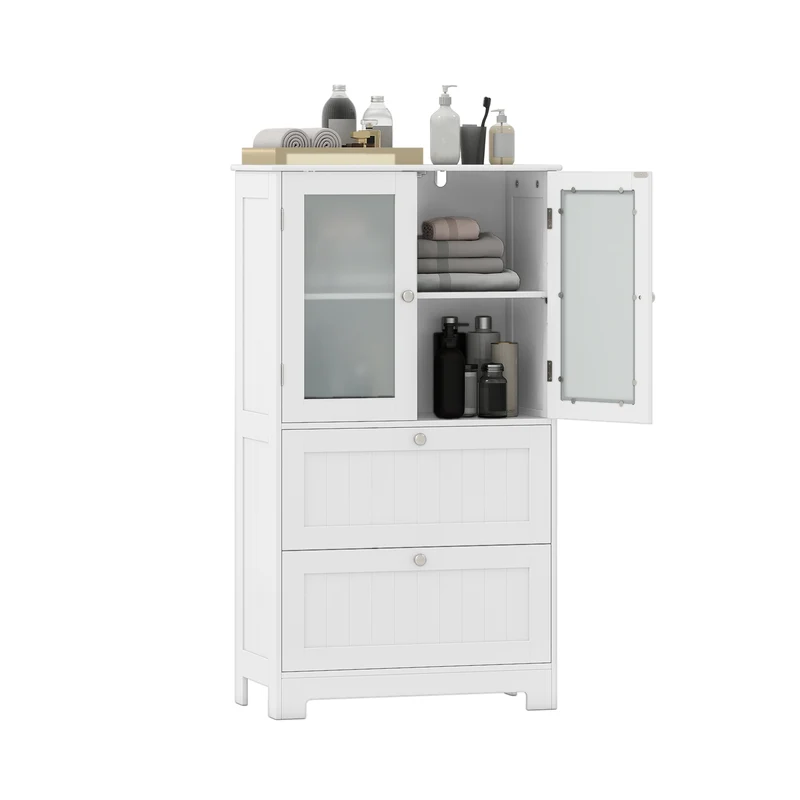 Bathroom Floor Storage Cabinet, 2 Drawers 2 Frosted Glass Doors, White