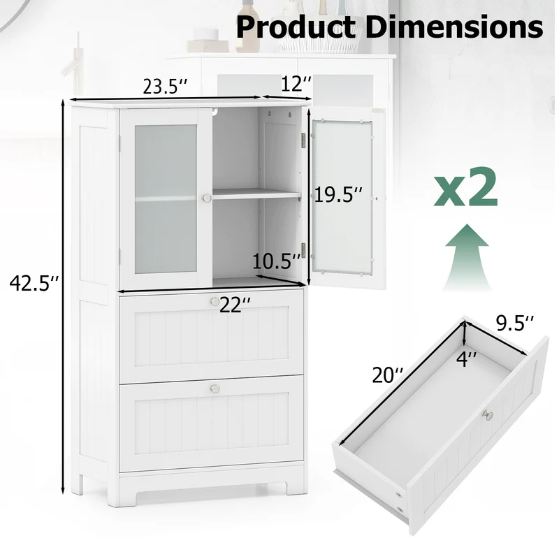 Bathroom Floor Storage Cabinet, 2 Drawers 2 Frosted Glass Doors, White