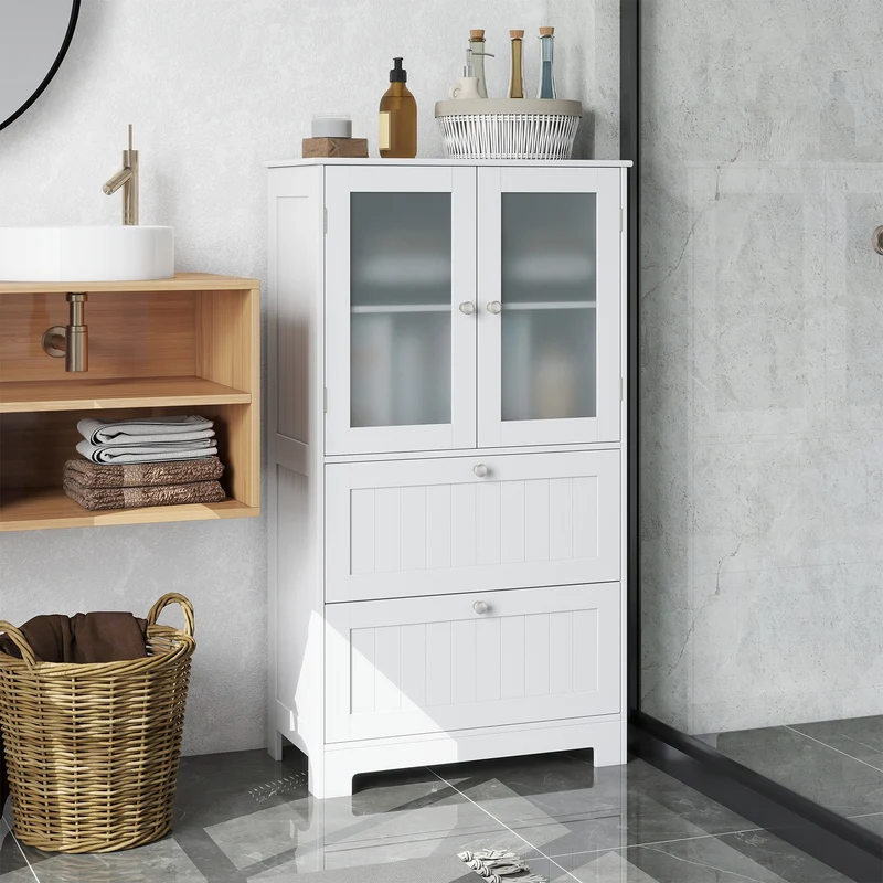 Bathroom Floor Storage Cabinet, 2 Drawers 2 Frosted Glass Doors, White