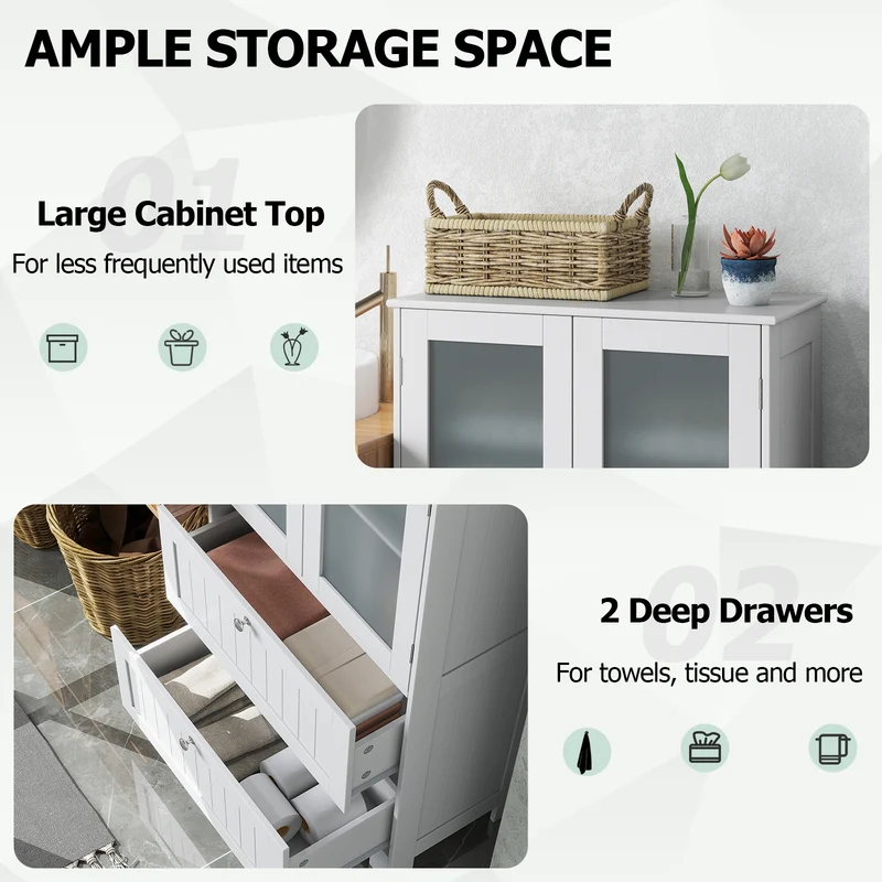 Bathroom Floor Storage Cabinet, 2 Drawers 2 Frosted Glass Doors, White