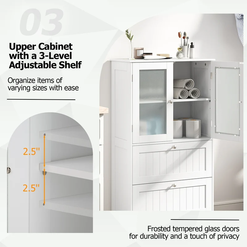 Bathroom Floor Storage Cabinet, 2 Drawers 2 Frosted Glass Doors, White