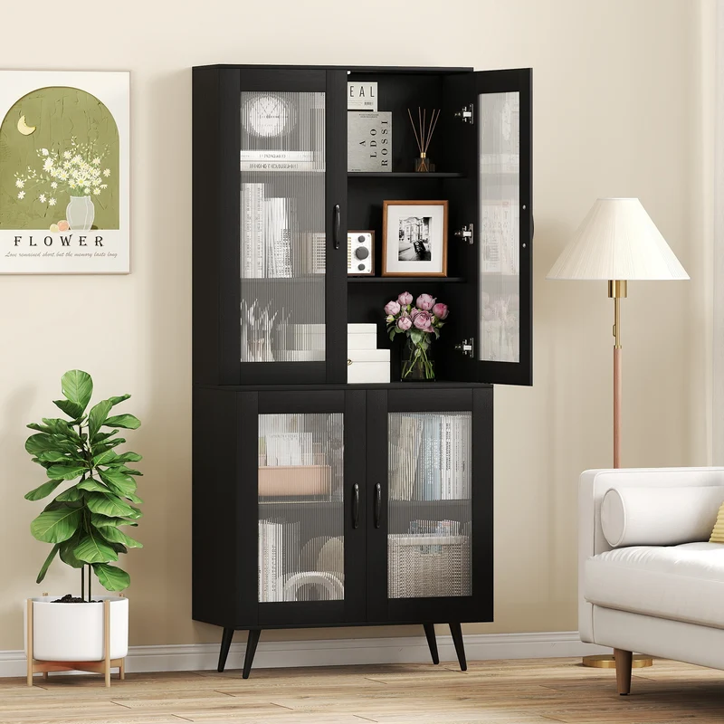 70.5 Inch Kitchen Pantry Cabinet, 4 Transparent Doors, Black