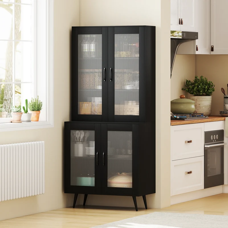 70.5 Inch Kitchen Pantry Cabinet, 4 Transparent Doors, Black