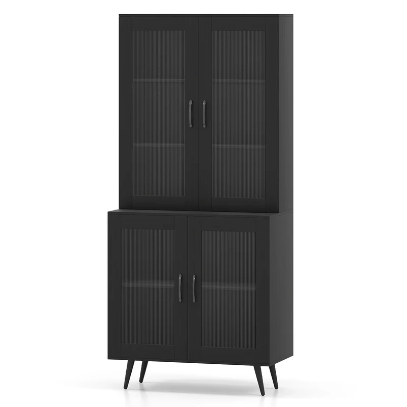 70.5 Inch Kitchen Pantry Cabinet, 4 Transparent Doors, Black