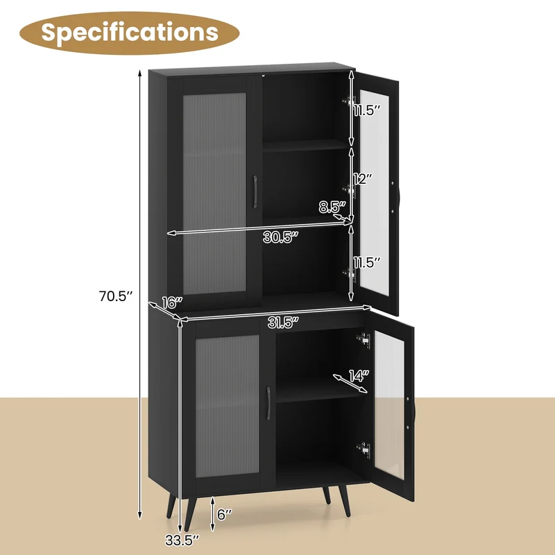 70.5 Inch Kitchen Pantry Cabinet, 4 Transparent Doors, Black