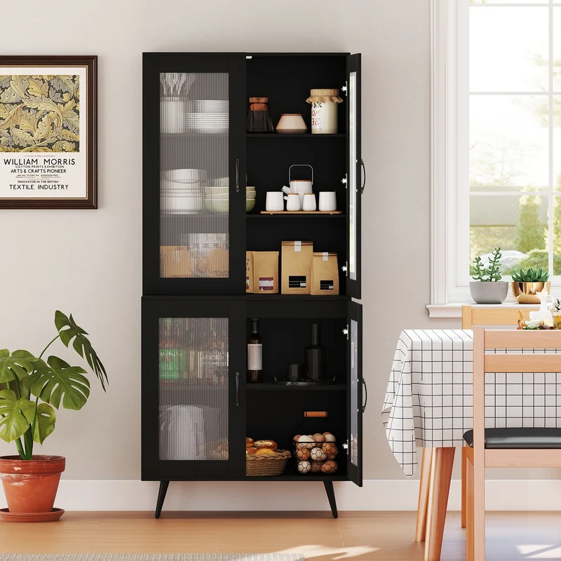 70.5 Inch Kitchen Pantry Cabinet, 4 Transparent Doors, Black