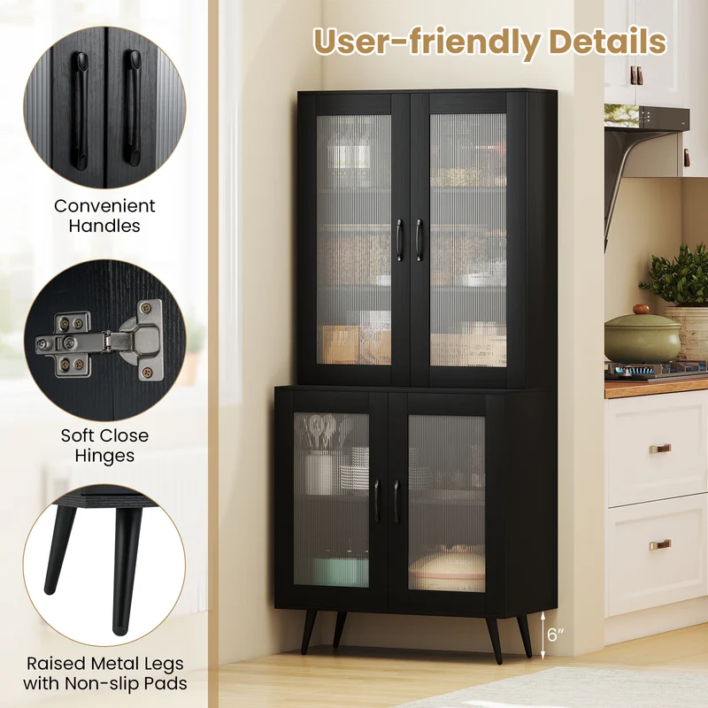 70.5 Inch Kitchen Pantry Cabinet, 4 Transparent Doors, Black