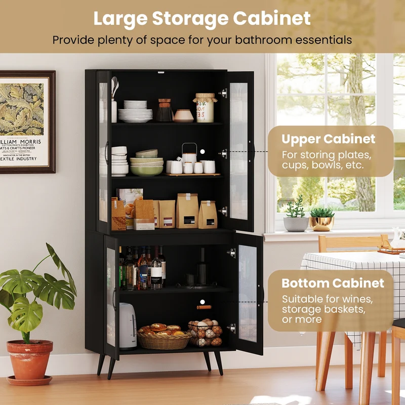 70.5 Inch Kitchen Pantry Cabinet, 4 Transparent Doors, Black