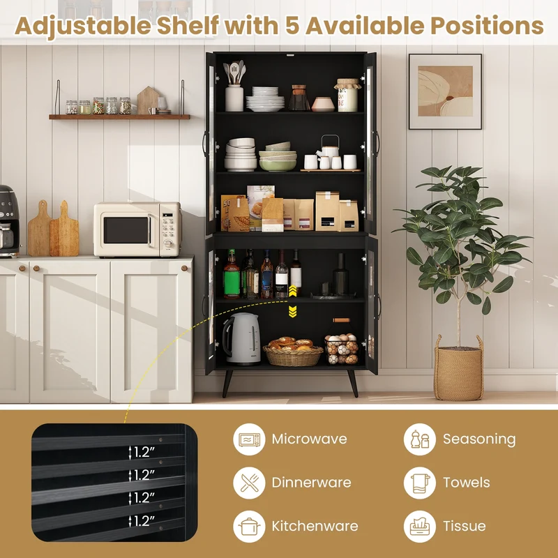 70.5 Inch Kitchen Pantry Cabinet, 4 Transparent Doors, Black