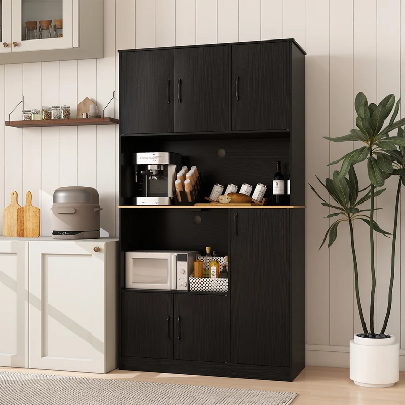 71" Tall Kitchen Pantry Cabinet With Charging Station, Black