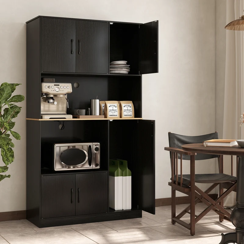 71" Tall Kitchen Pantry Cabinet With Charging Station, Black