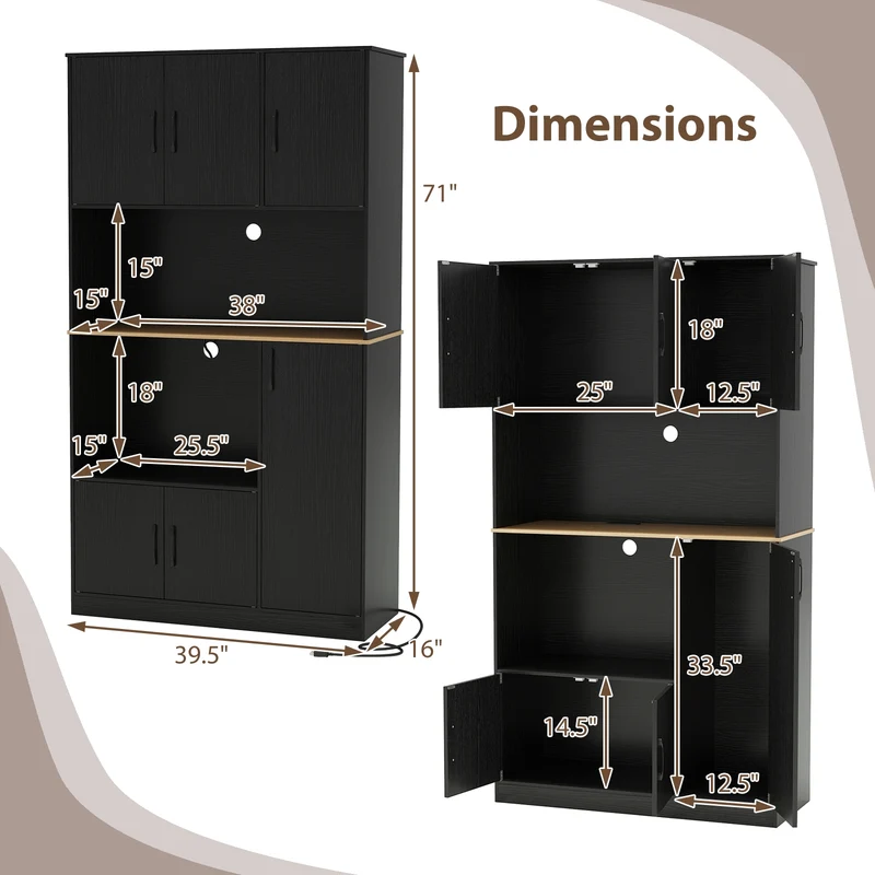 71" Tall Kitchen Pantry Cabinet With Charging Station, Black