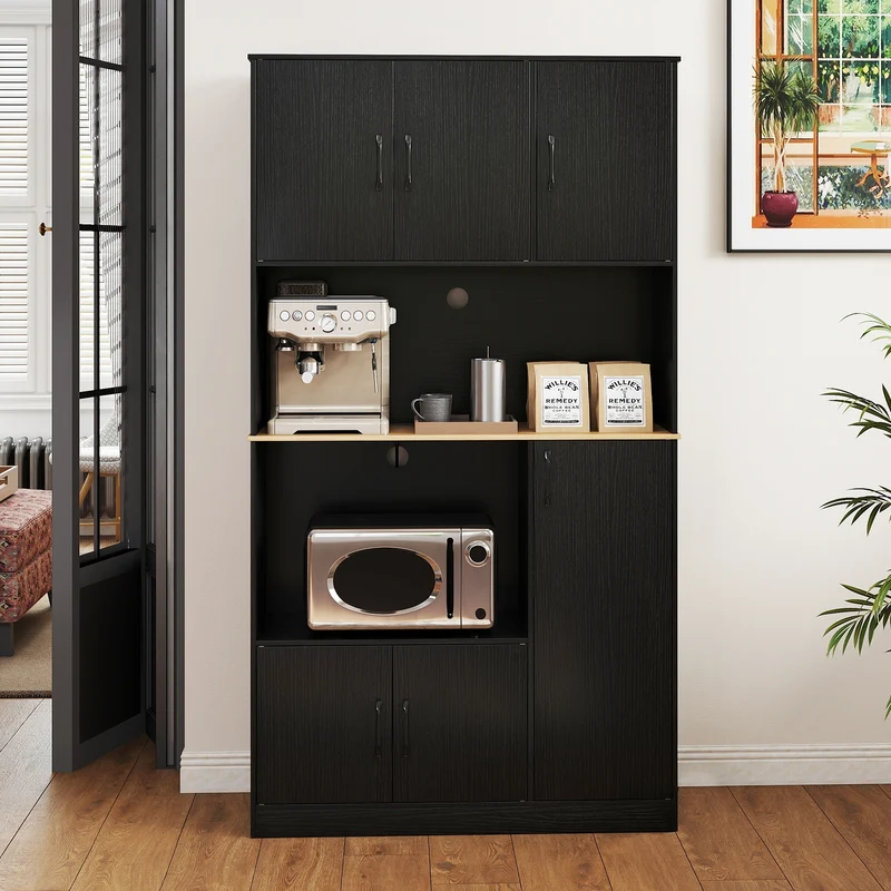 71" Tall Kitchen Pantry Cabinet With Charging Station, Black